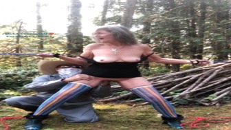 Granny BDSM amateur wife tied outside, dildo and finger orgasms
